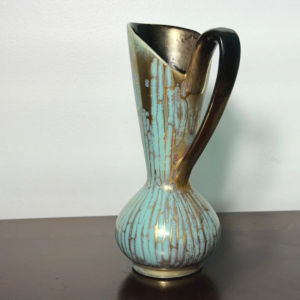 Vintage Carstens Tonnieshof Rimini Ewer Vase Turquoise Gold Drip Glaze W Germany